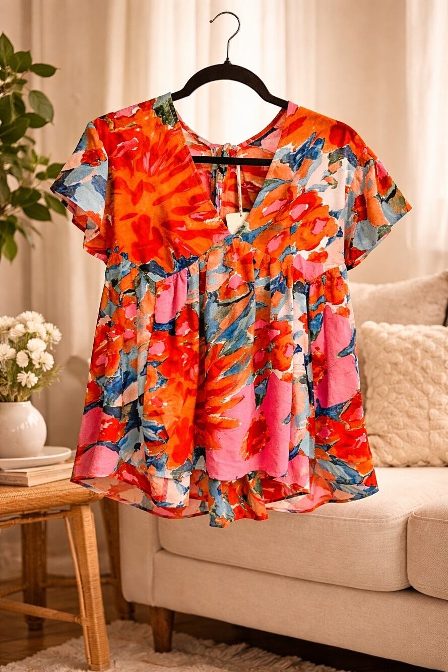 Entro Colorful Babydoll Blouse V Neck Ruffle Sleeve Flowy Top Medium NWT Travel